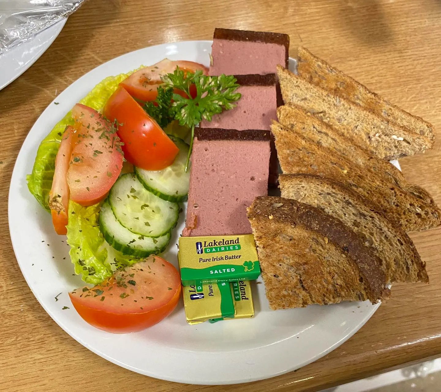 Pate with toast, butter and side salad.